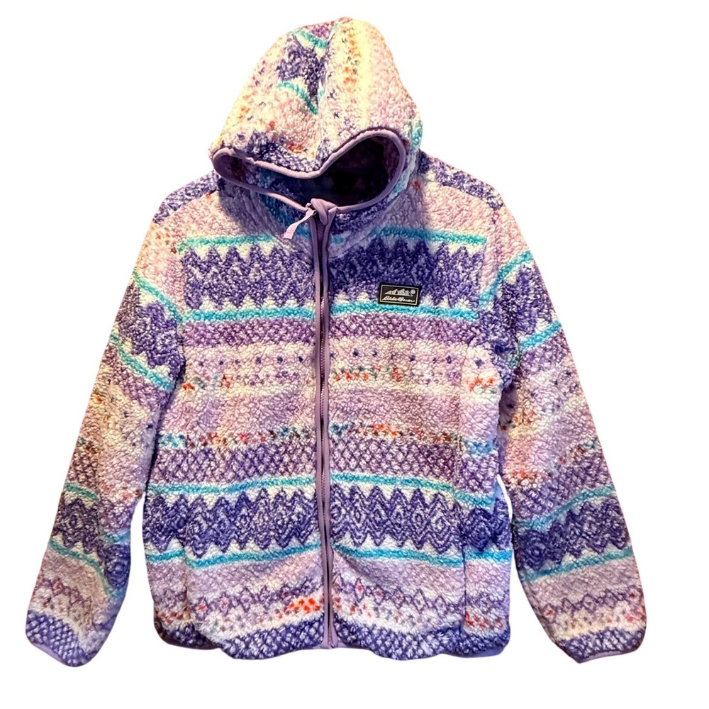 Eddie Bauer Girls Large 14/16 Purple Fair Isle Sherpa Fleece Hooded Jacket